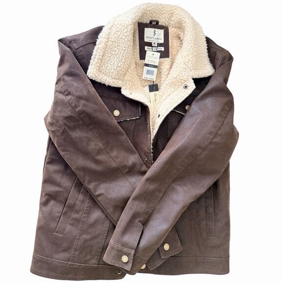 Scott James Mens M Brown Faux Leather Sherpa Lined Trucker Jacket Snap Front NWT - Picture 6 of 7
